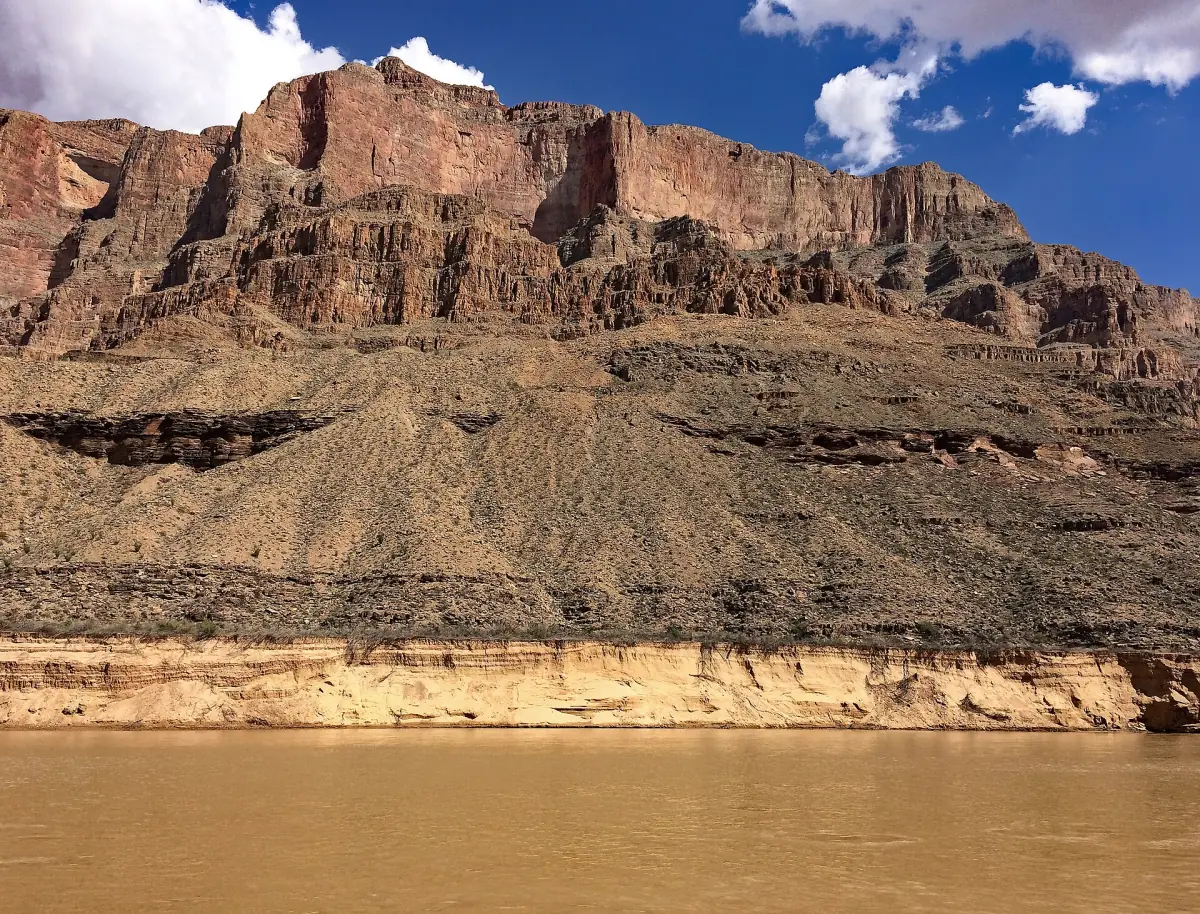 Muddy Colorado River below banded sandstone cliffs in the western canyon
