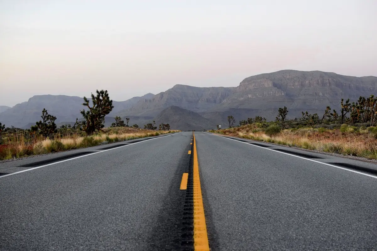Empty desert road with Joshua trees and mountains in the distance