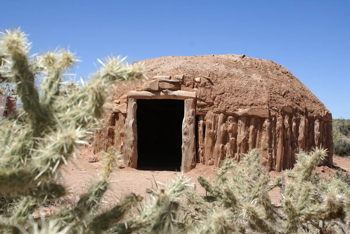 Traditional dome-shaped dwelling surrounded by cholla cactus at Eagle Point