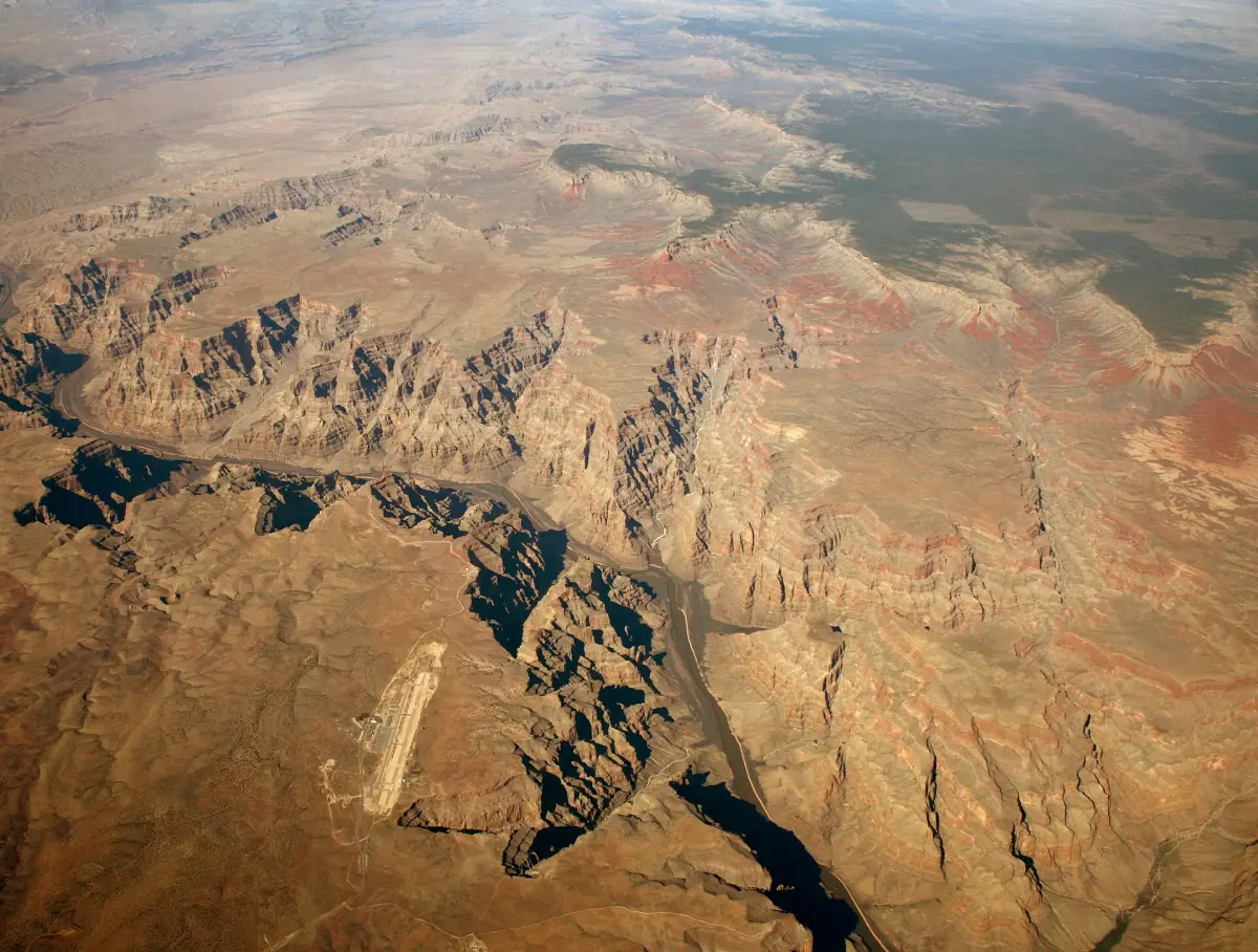 Aerial view of the canyon plateau and the airstrip near Grand Canyon West