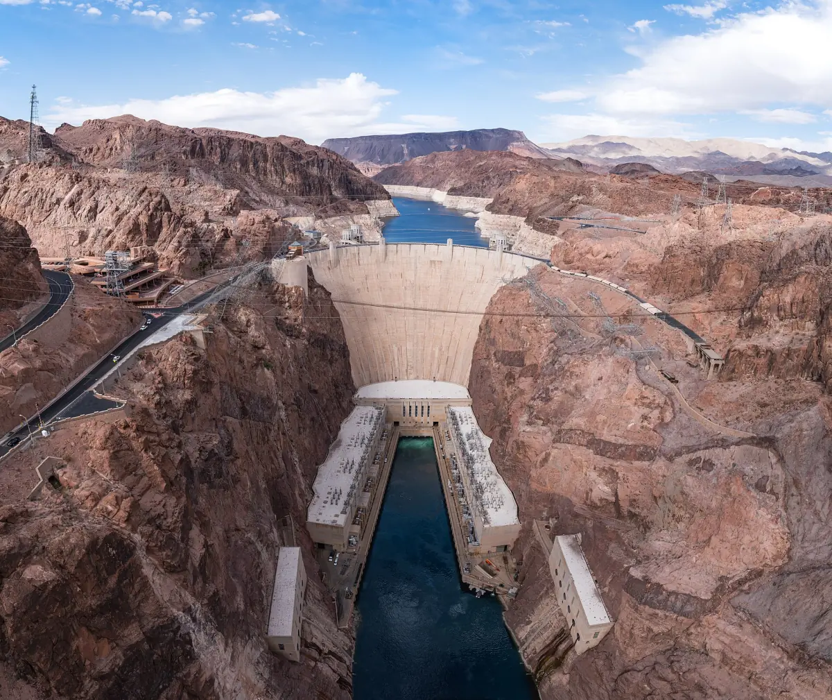 Hoover Dam in Black Canyon seen from the highway bridge