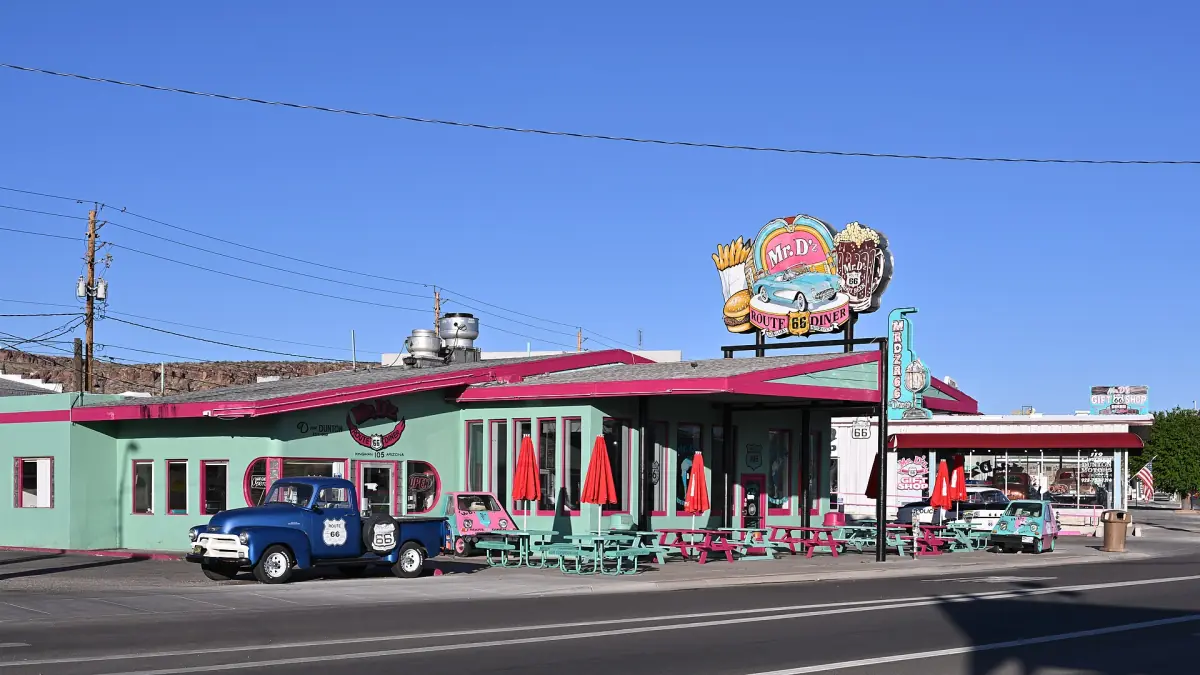 Retro diner with colourful signs and a vintage truck in Kingman