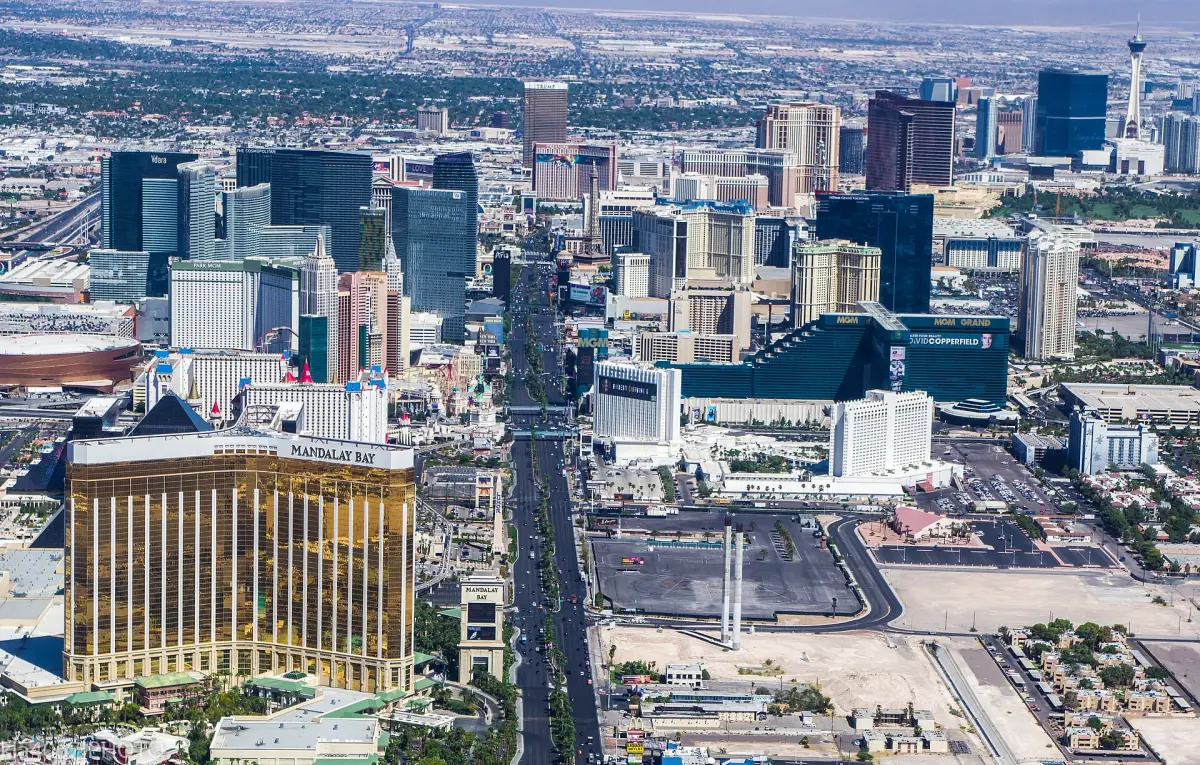 Aerial view of Las Vegas Boulevard and the casino hotels of the Strip