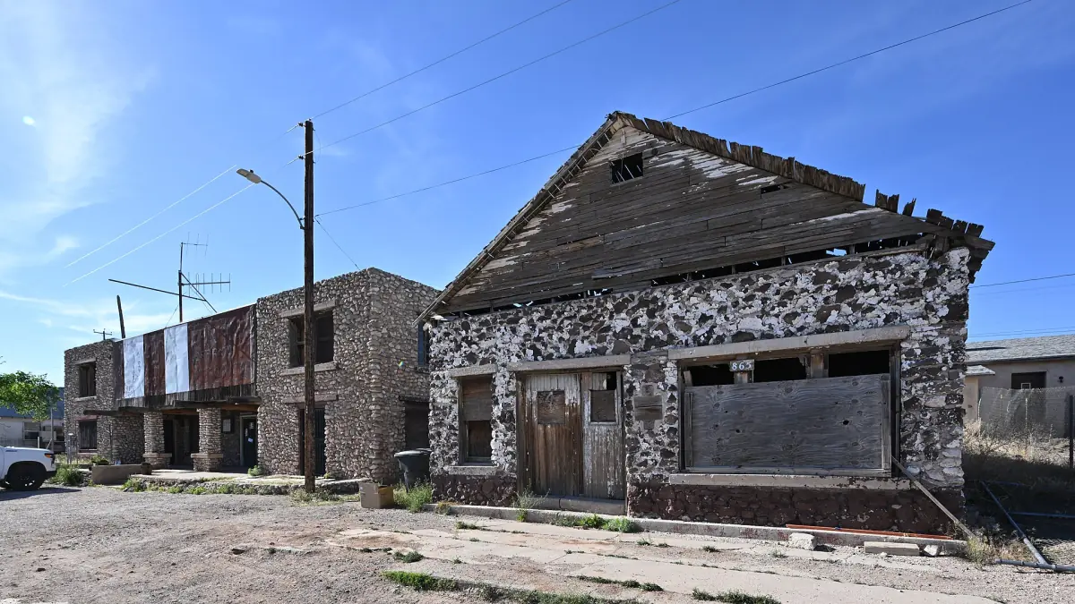 Old stone trading post building on the Route 66 stretch in Peach Springs
