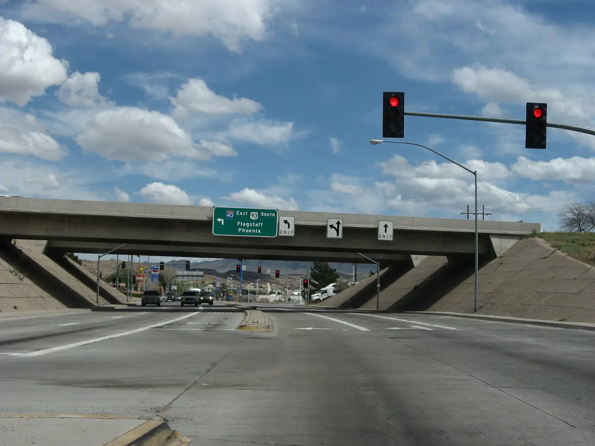 Highway overpass and traffic lights on the approach to Kingman